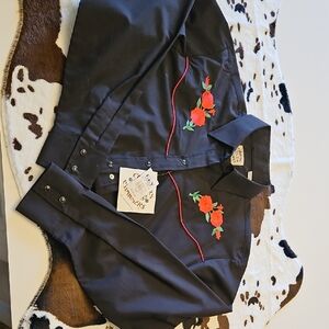 Unbranded Black Button-Down Shirt with Red Rose Embroidery